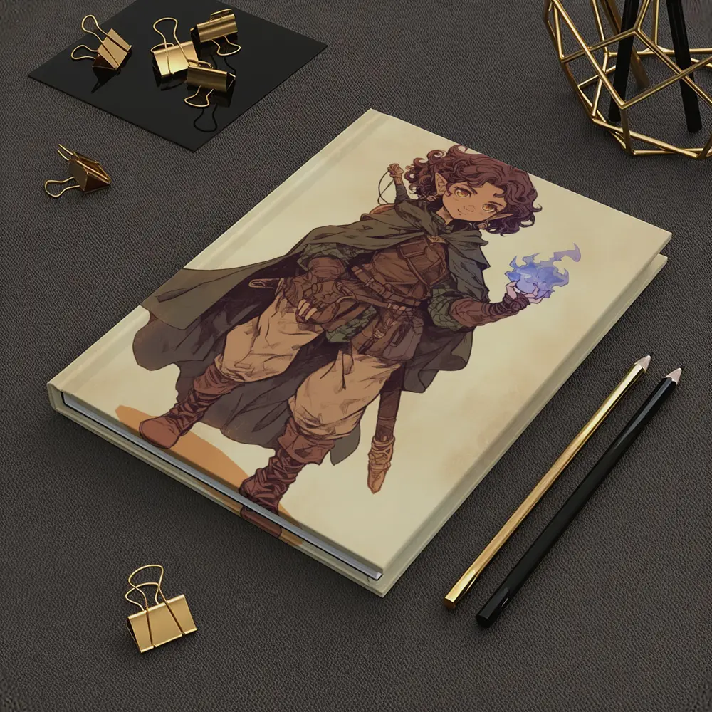 Fantasy Halfling Mage Anime Art Beige Background – Notebooks