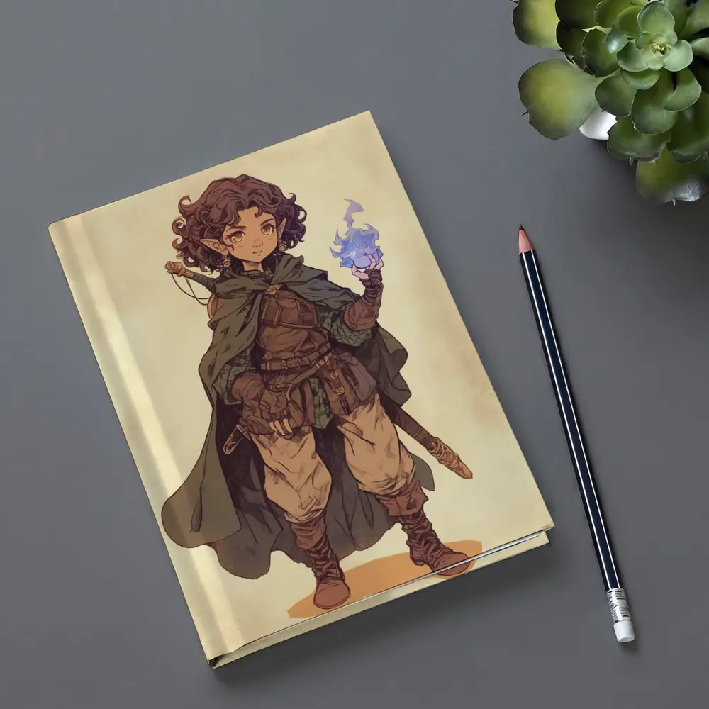 Fantasy Halfling Mage Anime Art Beige Background – Notebooks