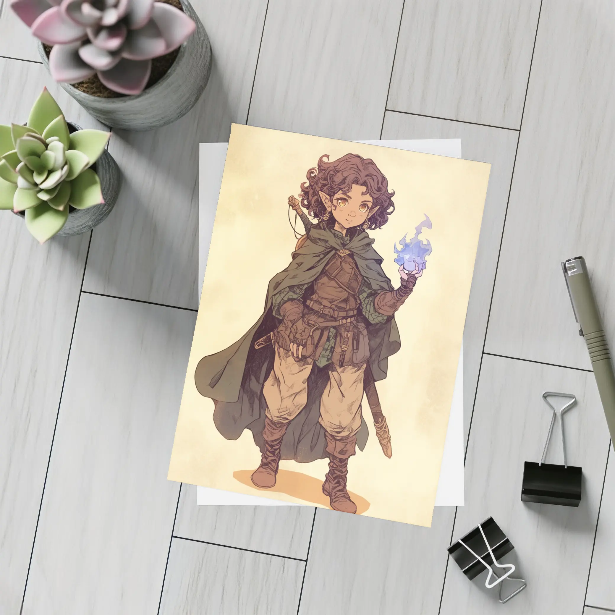 Fantasy Halfling Mage Anime Art Beige Background – Postcards