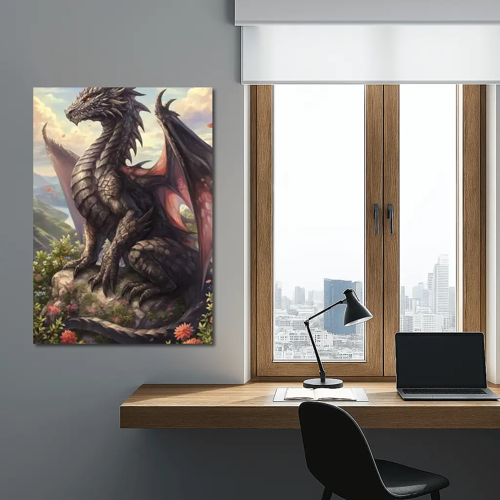Black Dragon Perched on Rocky Mountain Overlook – Wall Art