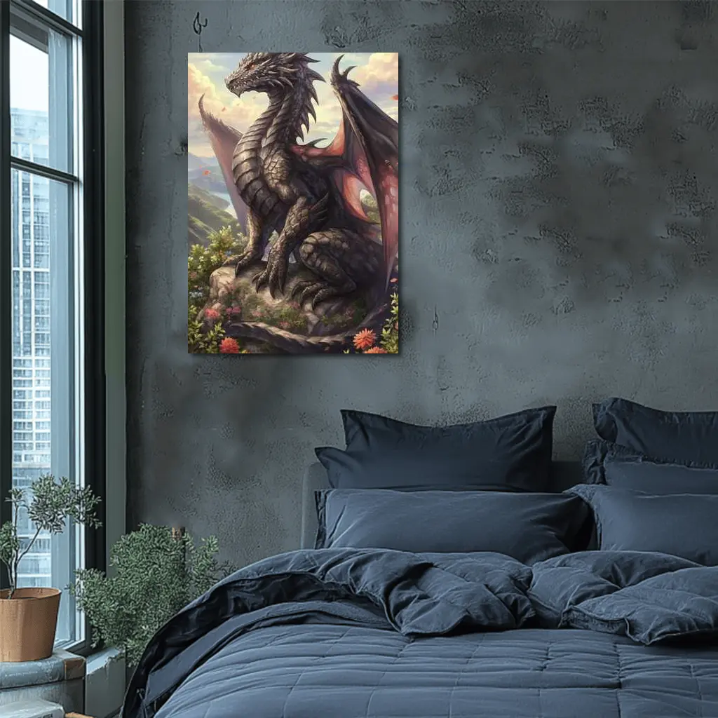 Black Dragon Perched on Rocky Mountain Overlook – Wall Art