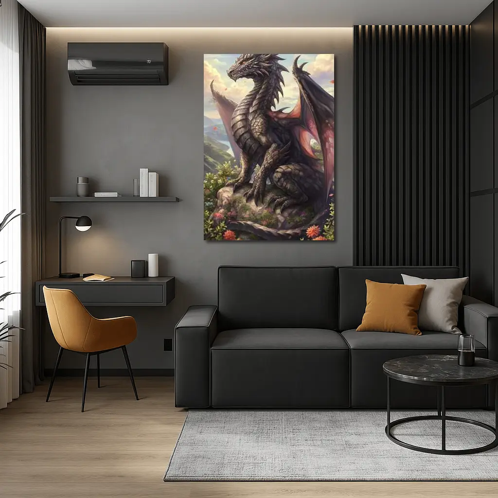 Black Dragon Perched on Rocky Mountain Overlook – Wall Art