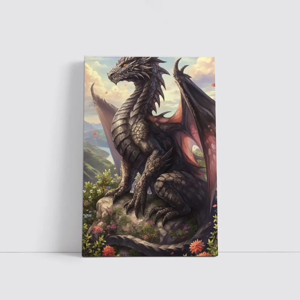 Black Dragon Perched on Rocky Mountain Overlook – Wall Art