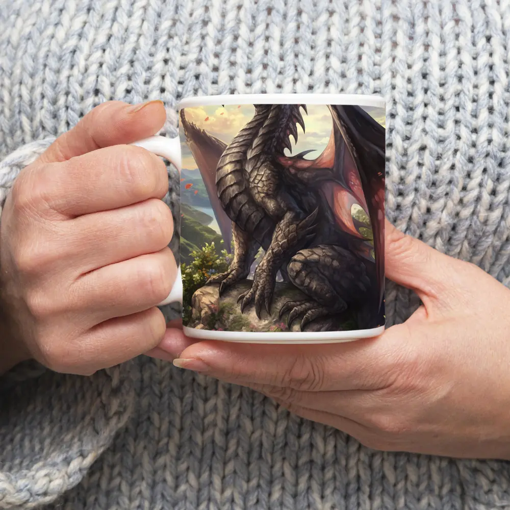 Black Dragon Perched on Rocky Mountain Overlook – Mugs