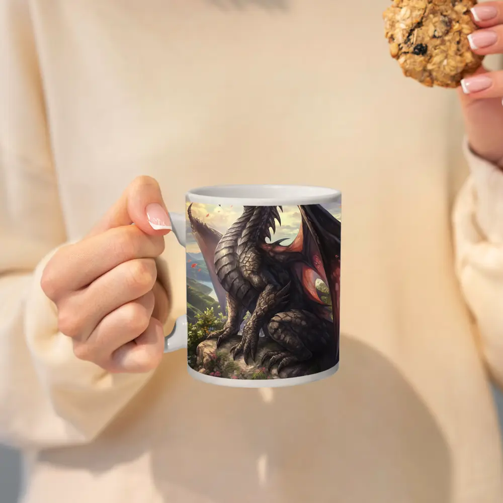 Dark Dragon Perched On Rocky Mountain Overlook – Mugs
