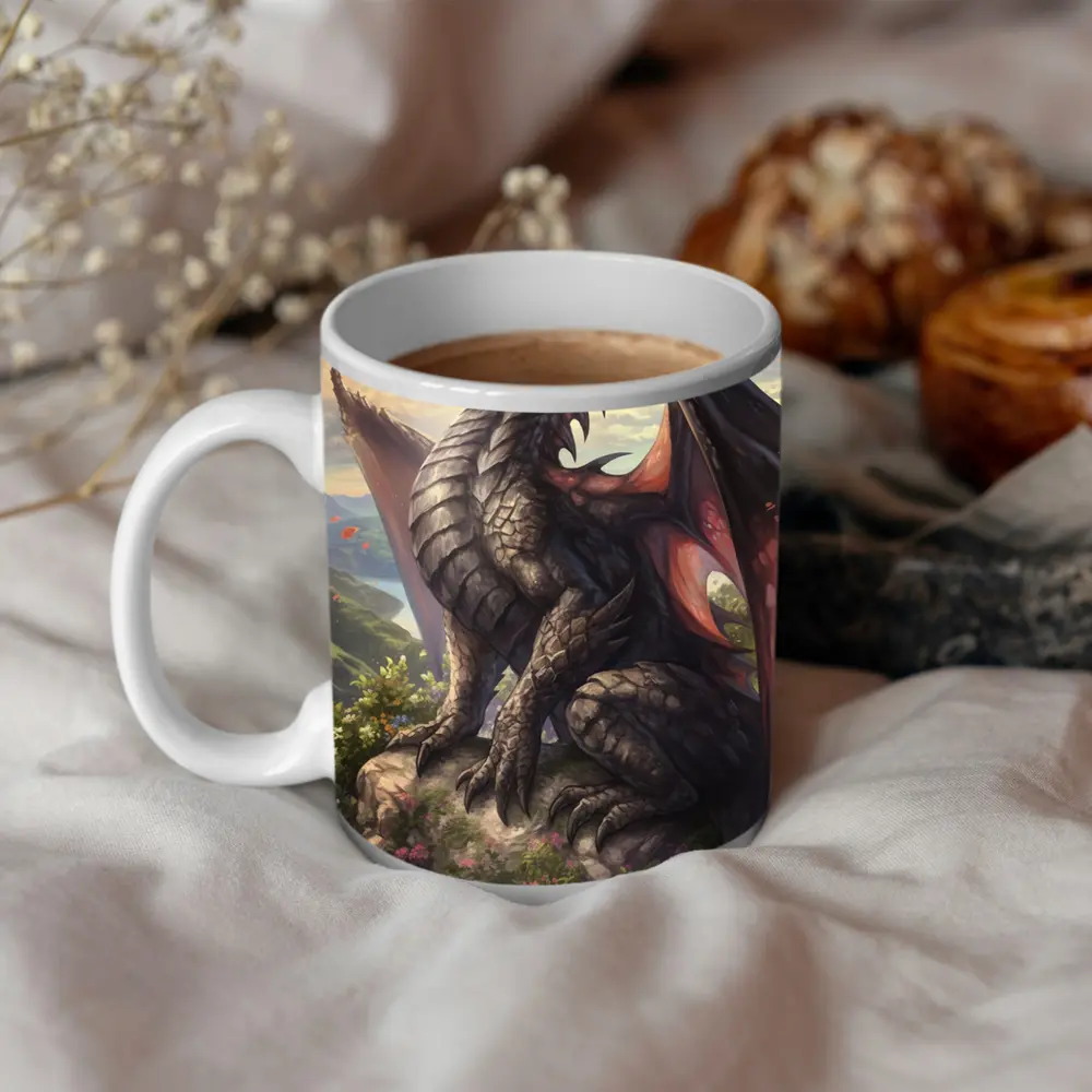 Dark Dragon Perched On Rocky Mountain Overlook – Mugs