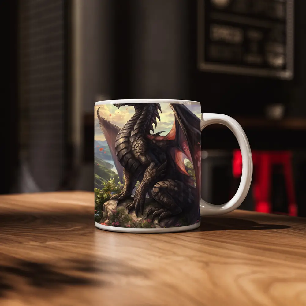 Black Dragon Perched on Rocky Mountain Overlook – Mugs