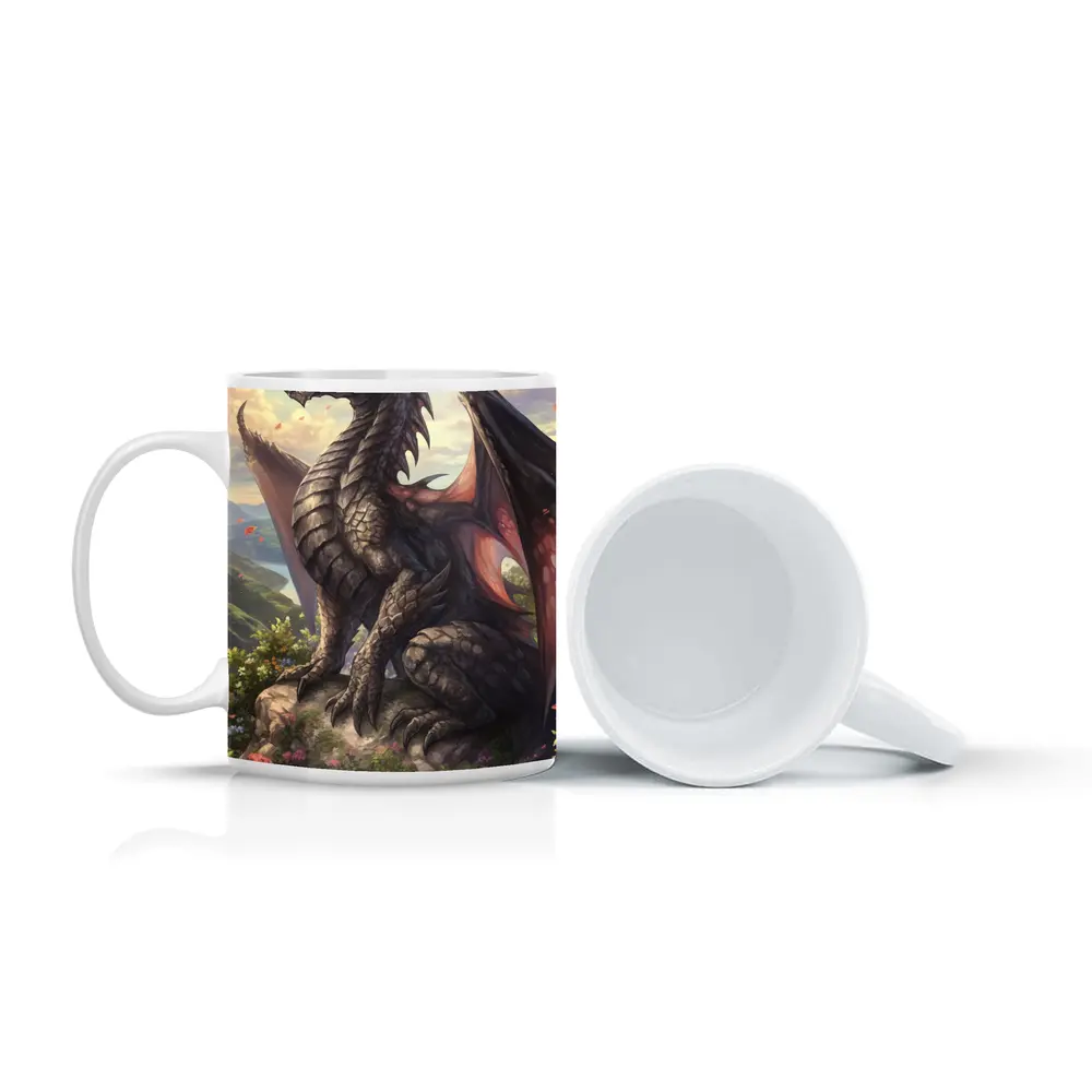 Black Dragon Perched on Rocky Mountain Overlook – Mugs