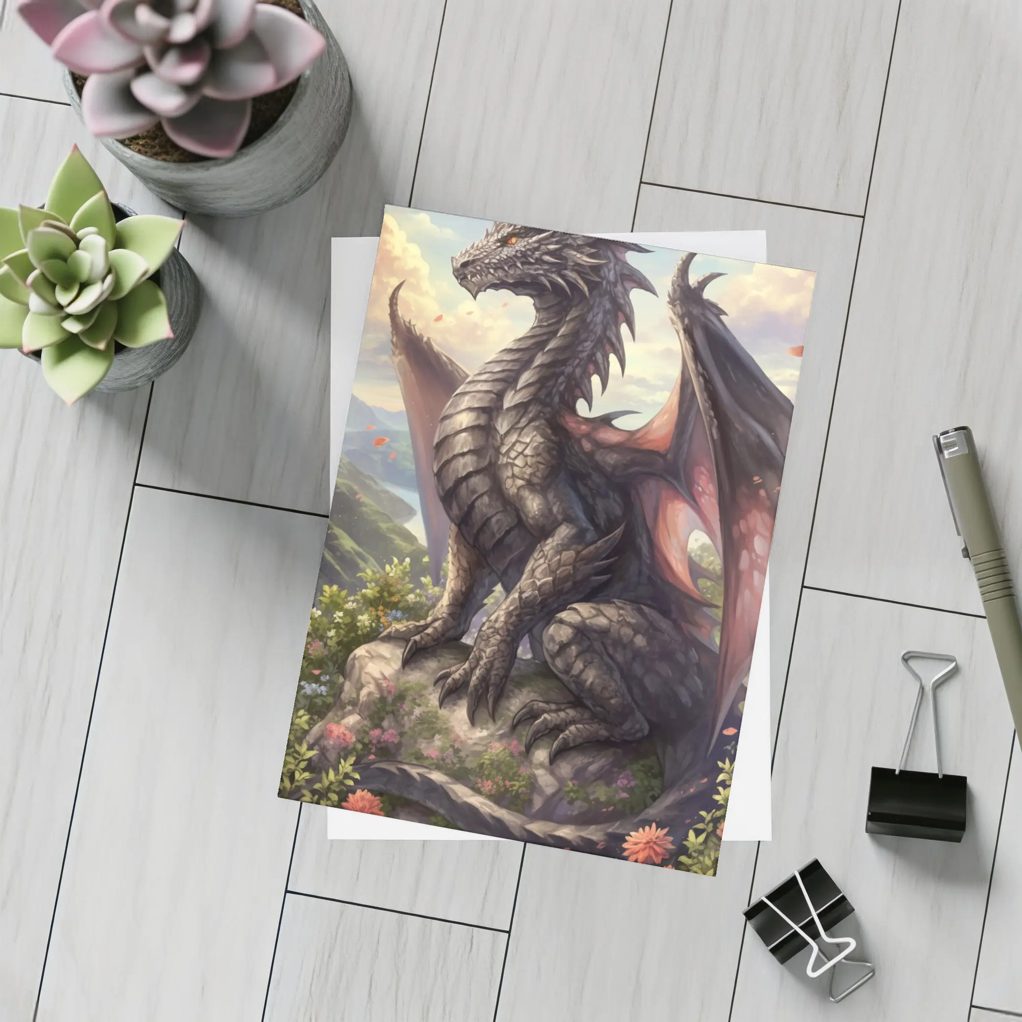 Dark Dragon Perched On Rocky Mountain Overlook – Postcards