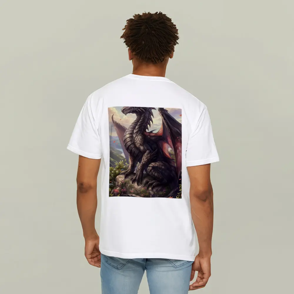 Dark Dragon Perched On Rocky Mountain Overlook – T-Shirts