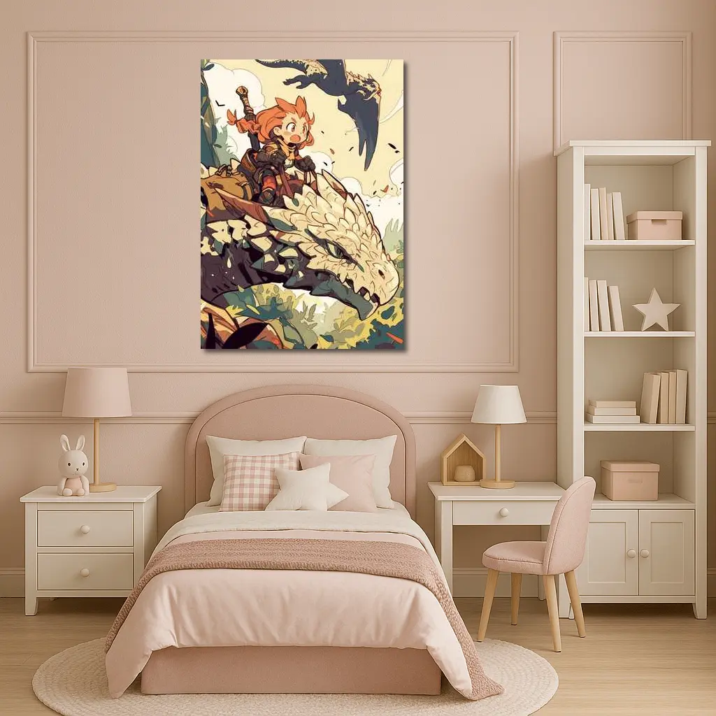 Anime Girl Riding Dragon Fantasy Art – Wall Art