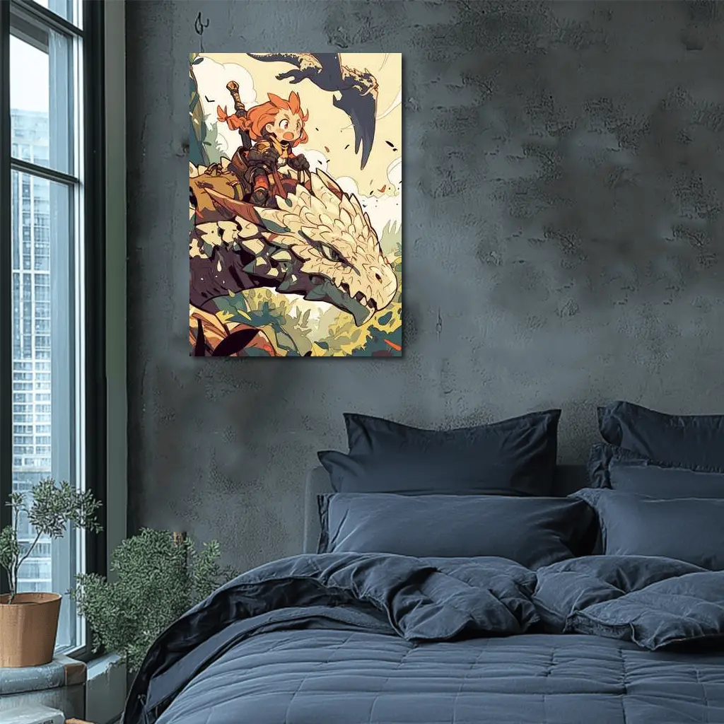 Anime Girl Riding Dragon Fantasy Art – Wall Art
