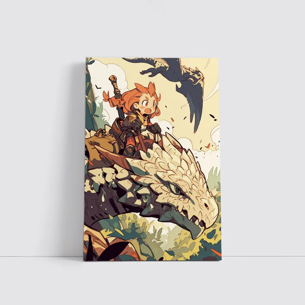 Anime Girl Riding Dragon Fantasy Art – Wall Art
