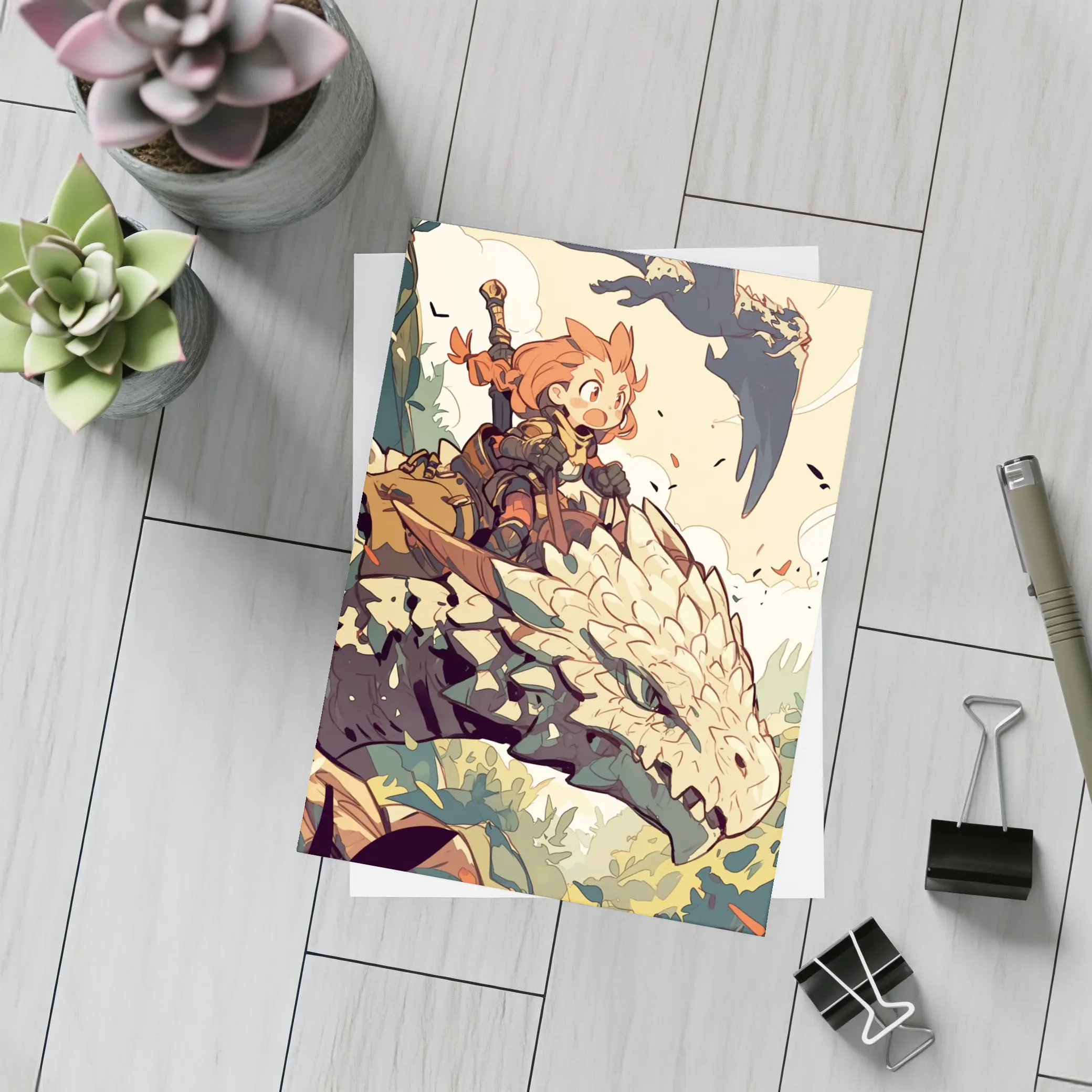 Anime Girl Riding Dragon Fantasy Art – Postcards