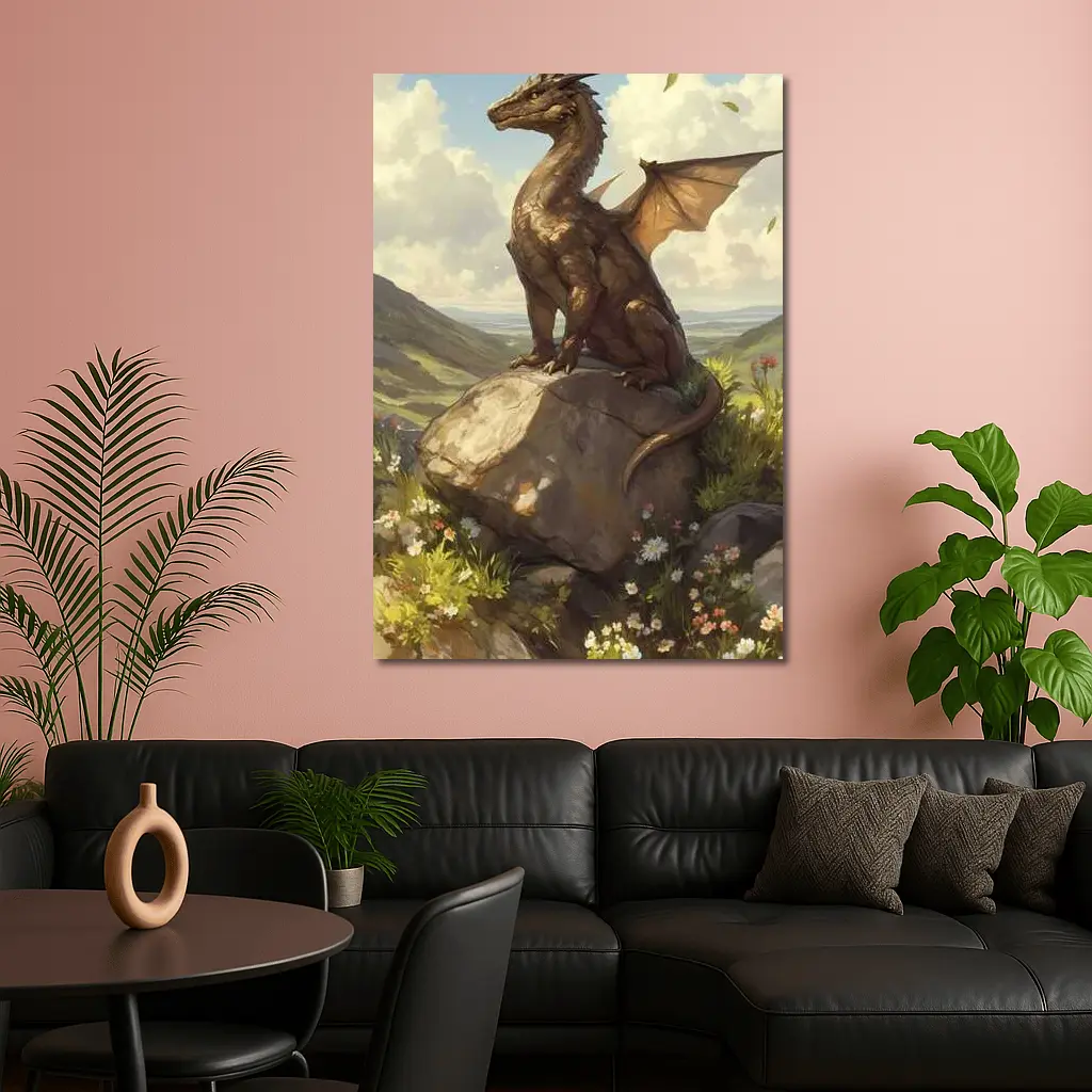 Fantasy Dragon Perched On Rock Wildflowers – Wall Art