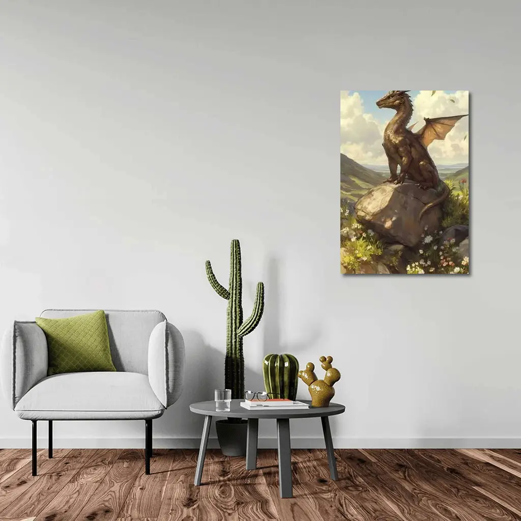 Fantasy Dragon Perched On Rock Wildflowers – Wall Art
