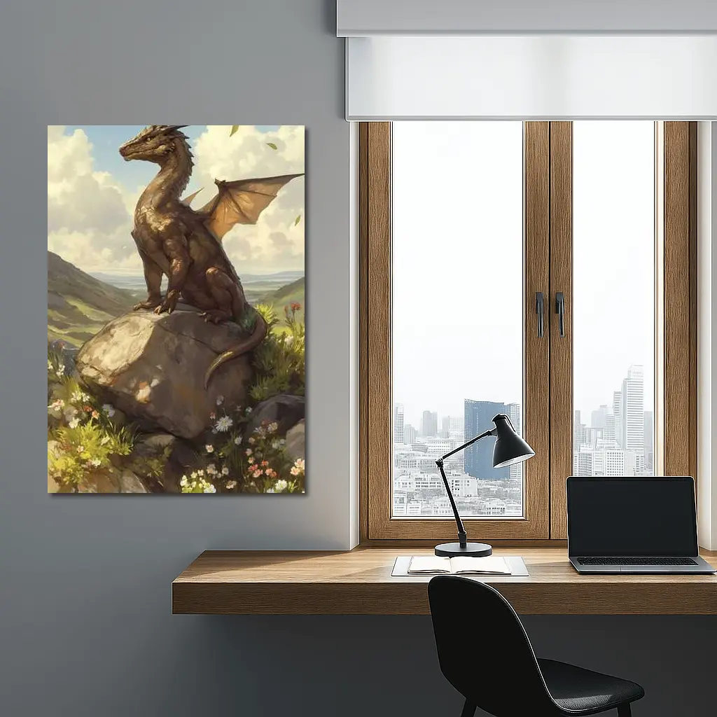 Fantasy Dragon Perched On Rock Wildflowers – Wall Art