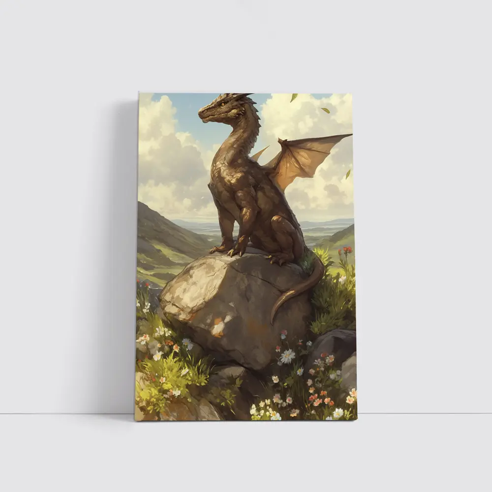 Fantasy Dragon Perched On Rock Wildflowers – Wall Art