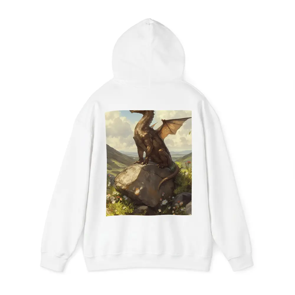 Fantasy Dragon Perched On Rock Wildflowers – Hoodies