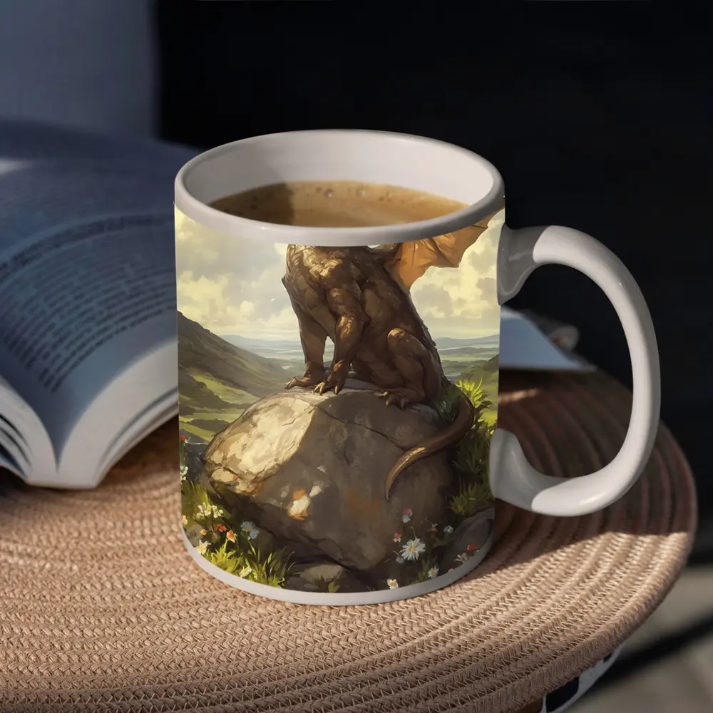 Fantasy Dragon Perched On Rock Wildflowers – Mugs