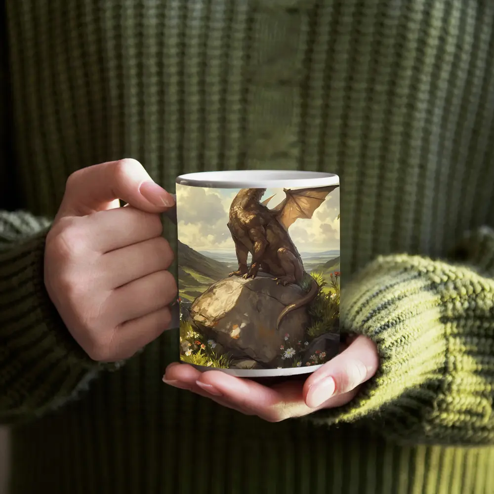 Fantasy Dragon Perched On Rock Wildflowers – Mugs