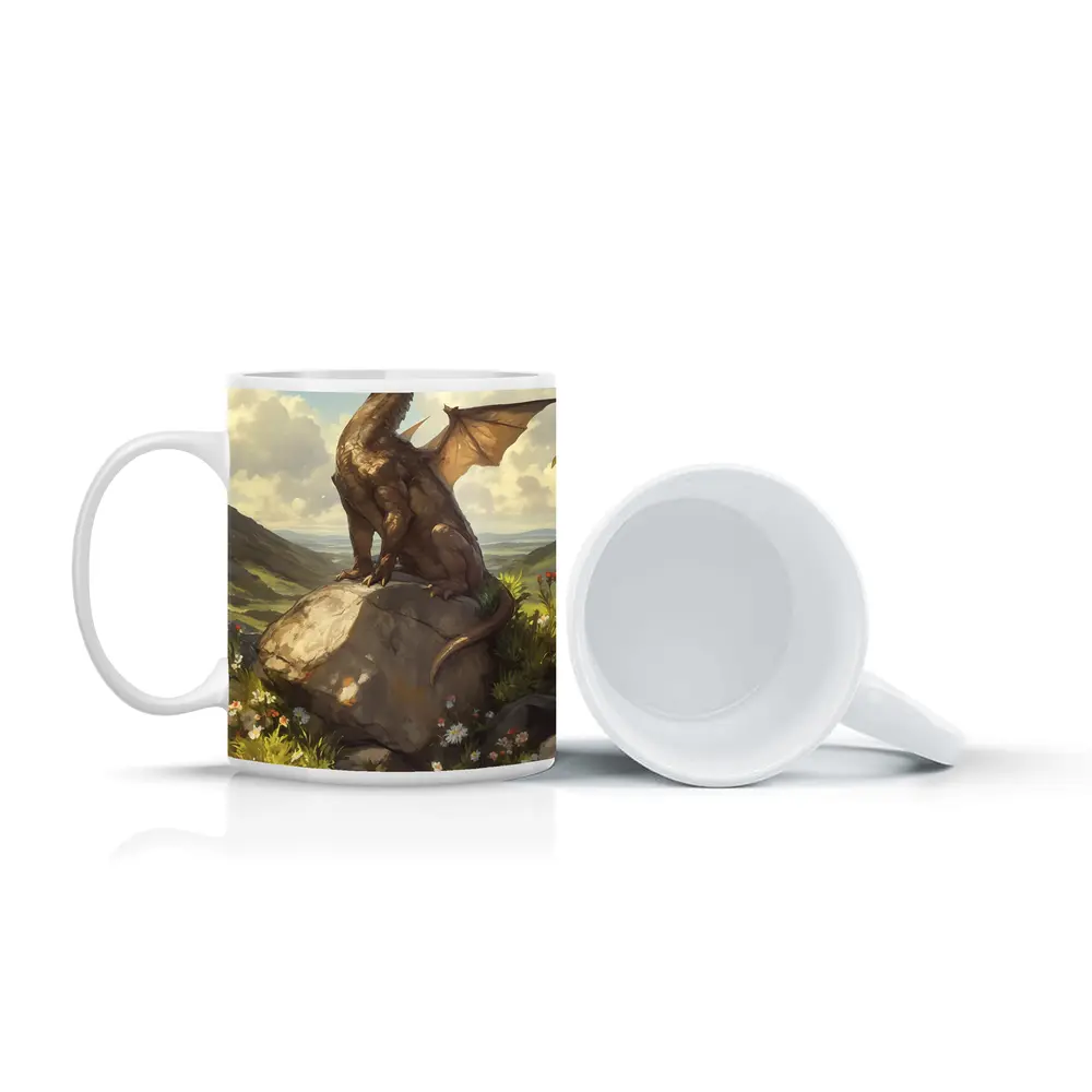 Fantasy Dragon Perched On Rock Wildflowers – Mugs