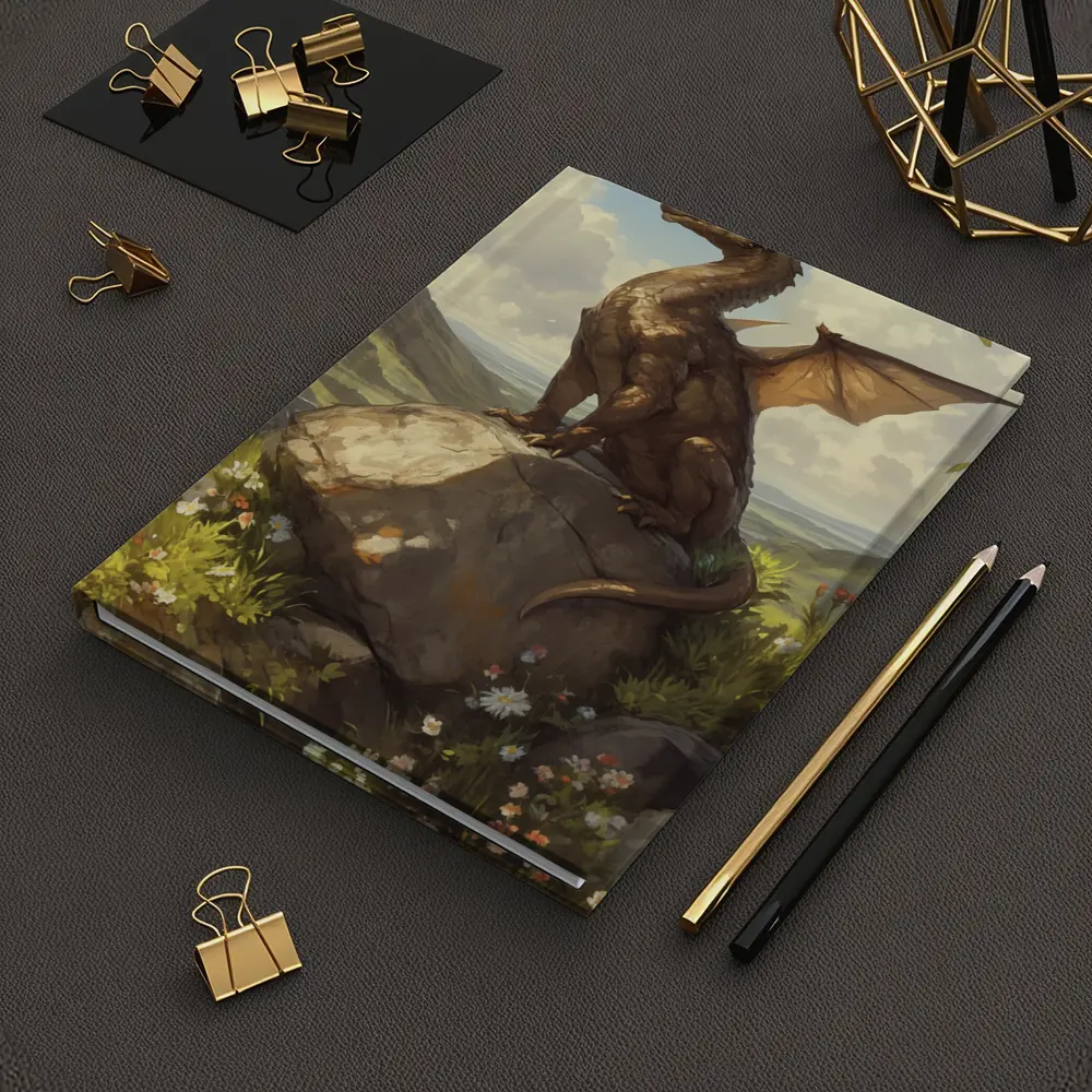Fantasy Dragon Perched On Rock Wildflowers – Notebooks