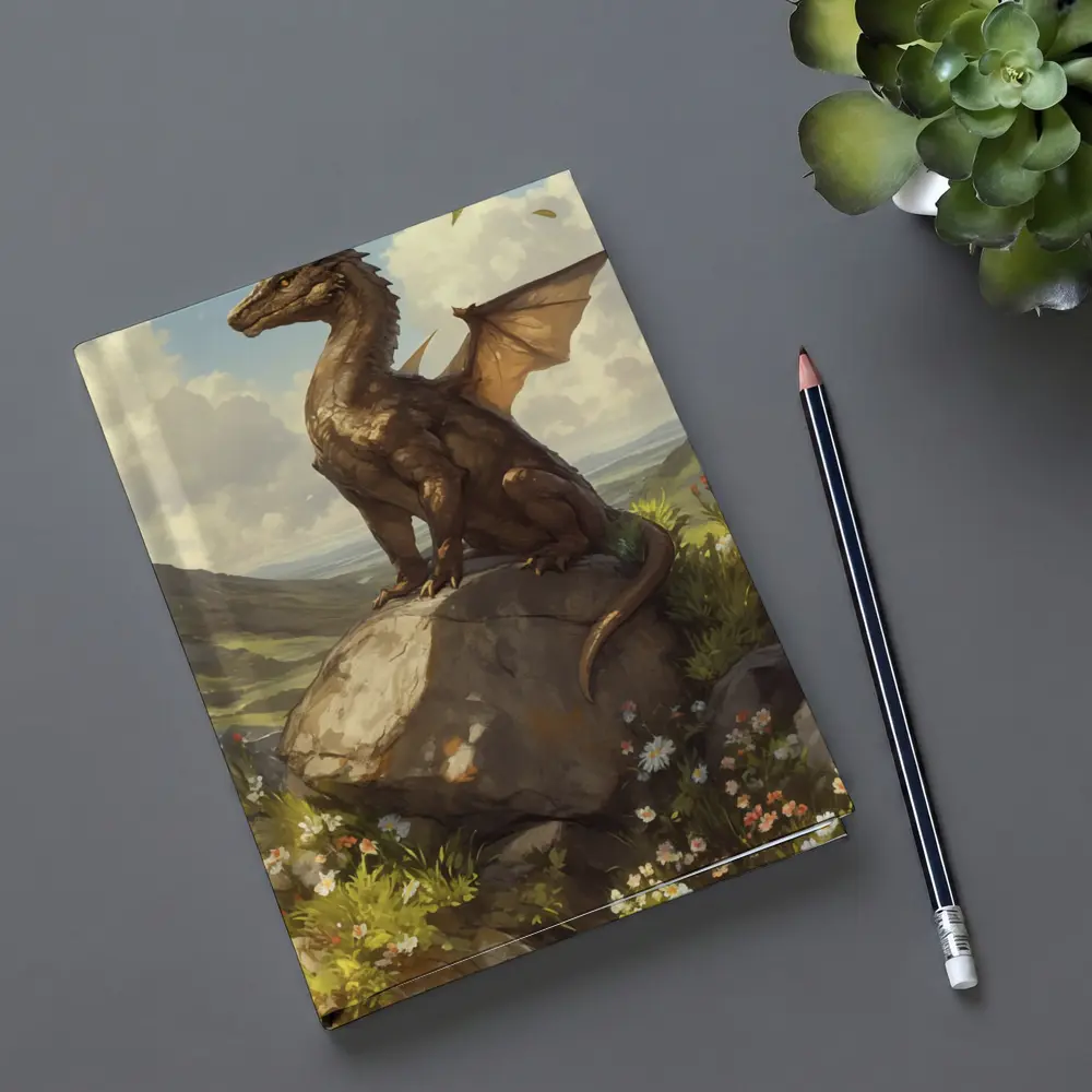 Fantasy Dragon Perched On Rock Wildflowers – Notebooks