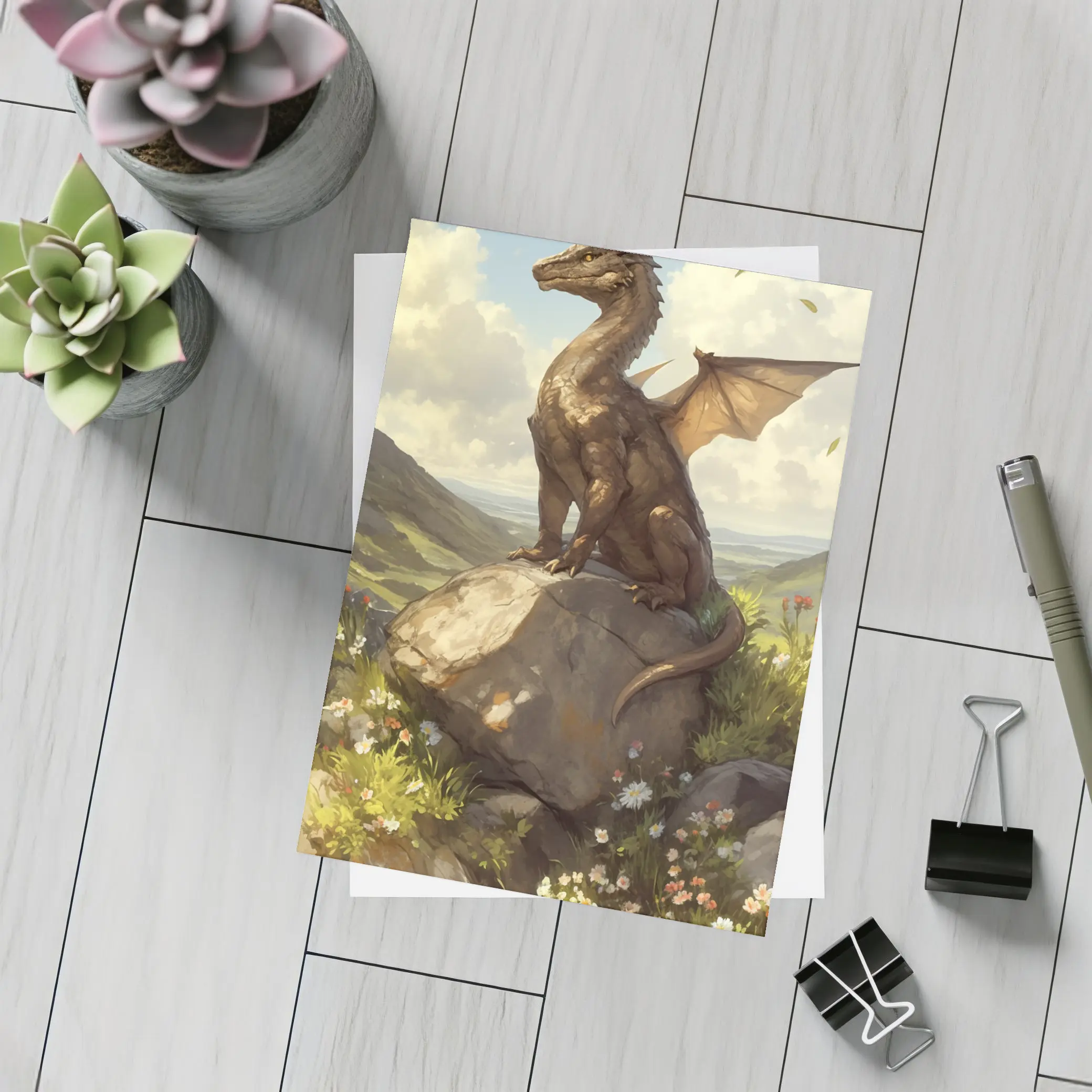 Fantasy Dragon Perched On Rock Wildflowers – Postcards