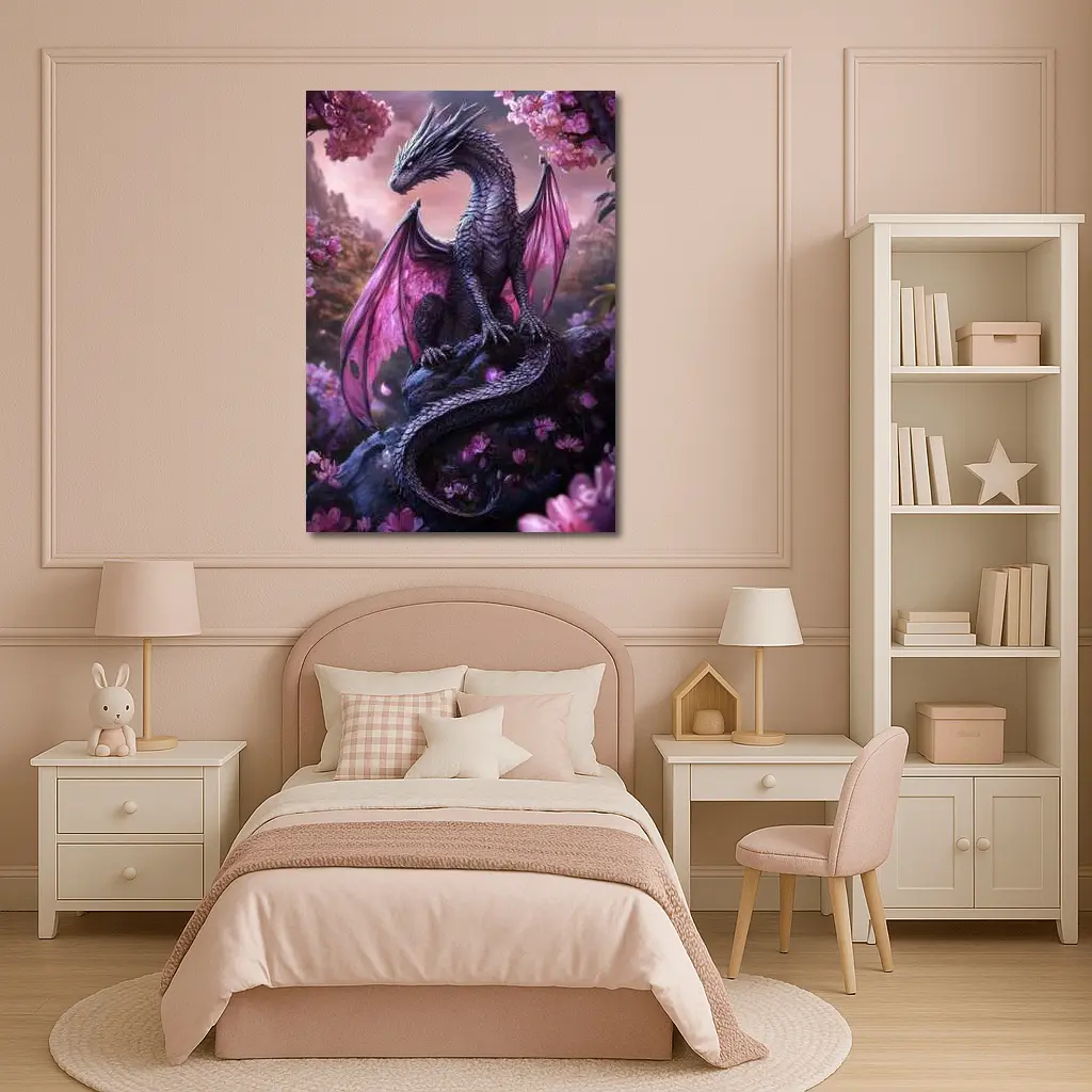 Dark Dragon Pink Wings Cherry Blossom Fantasy – Wall Art