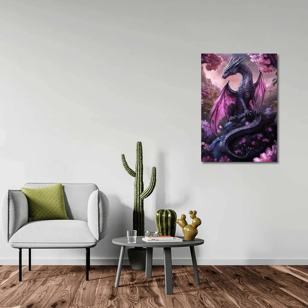 Dark Dragon Pink Wings Cherry Blossom Fantasy – Wall Art