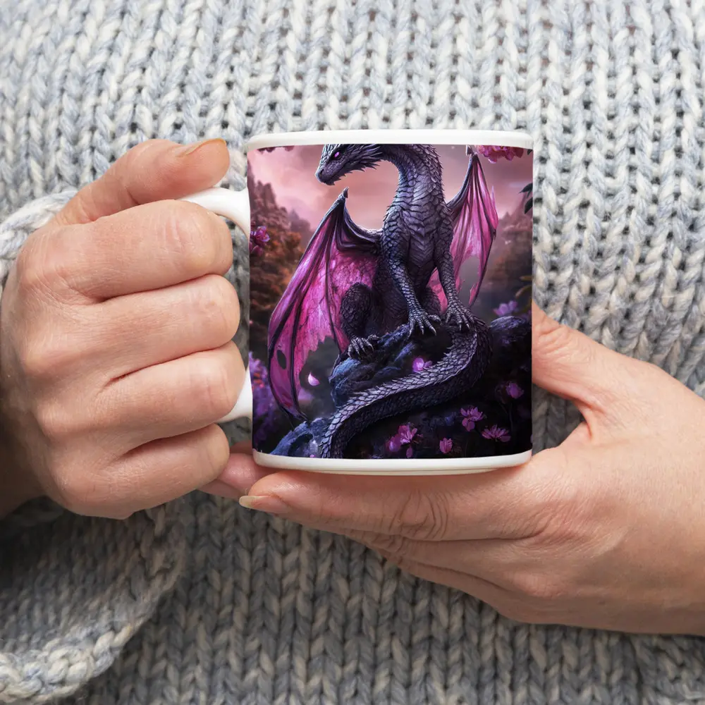 Dark Dragon Pink Wings Cherry Blossom Fantasy – Mugs