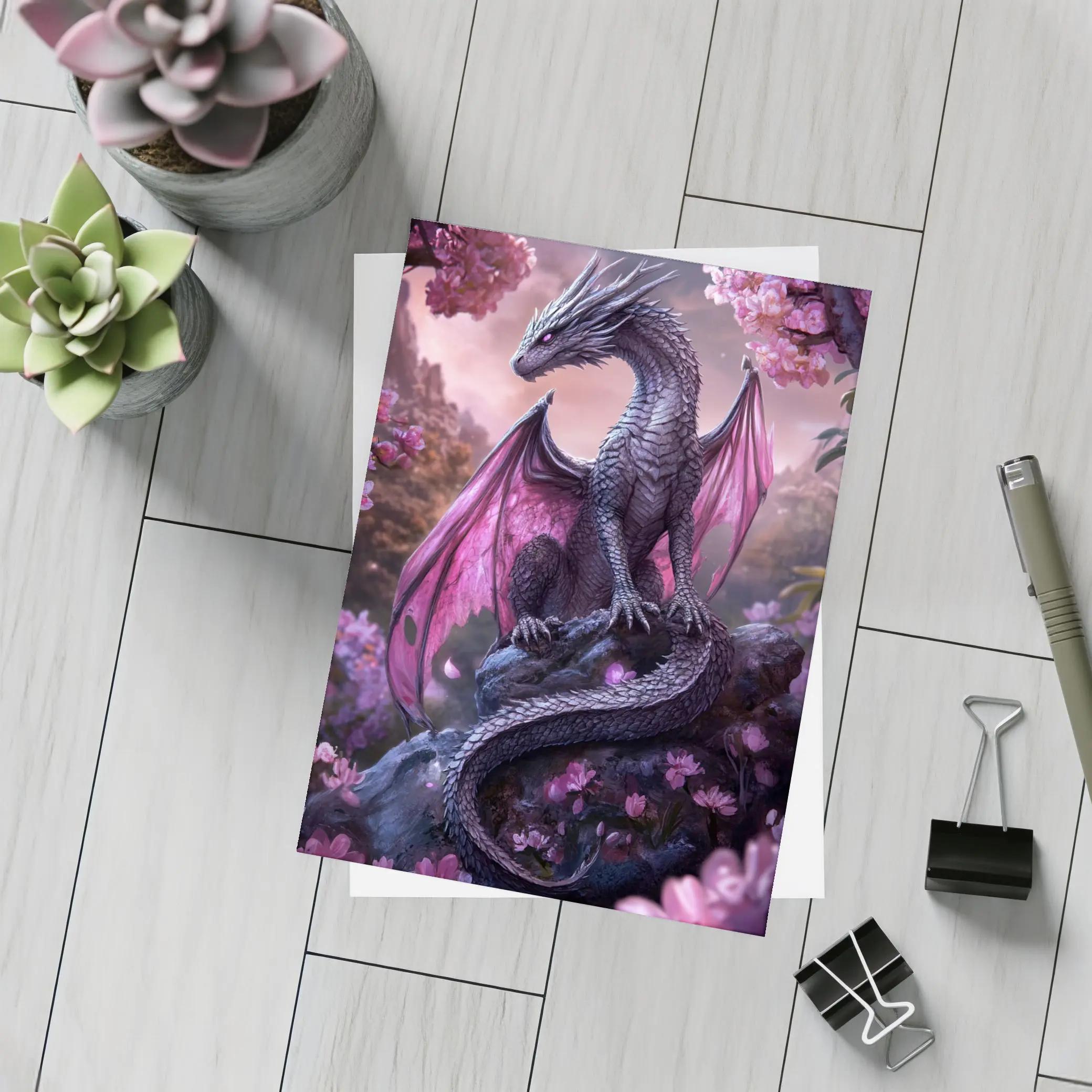 Dark Dragon Pink Wings Cherry Blossom Fantasy – Postcards