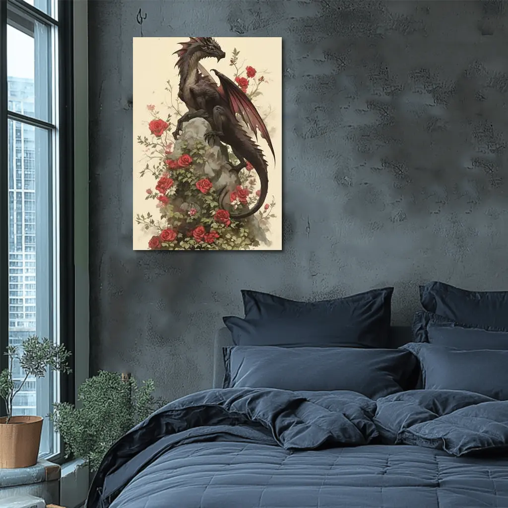 Dark Dragon Perched on Rose Covered Rock – Wall Art