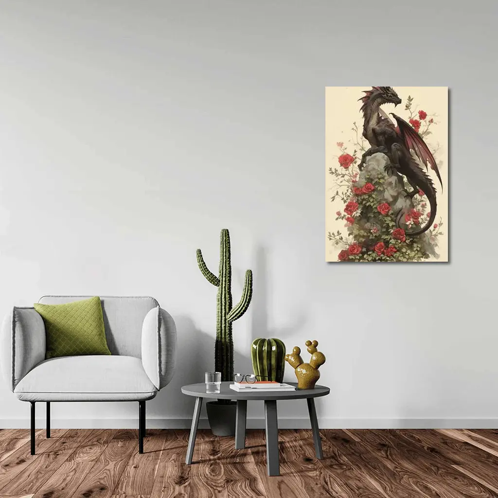 Dark Dragon Perched on Rose Covered Rock – Wall Art