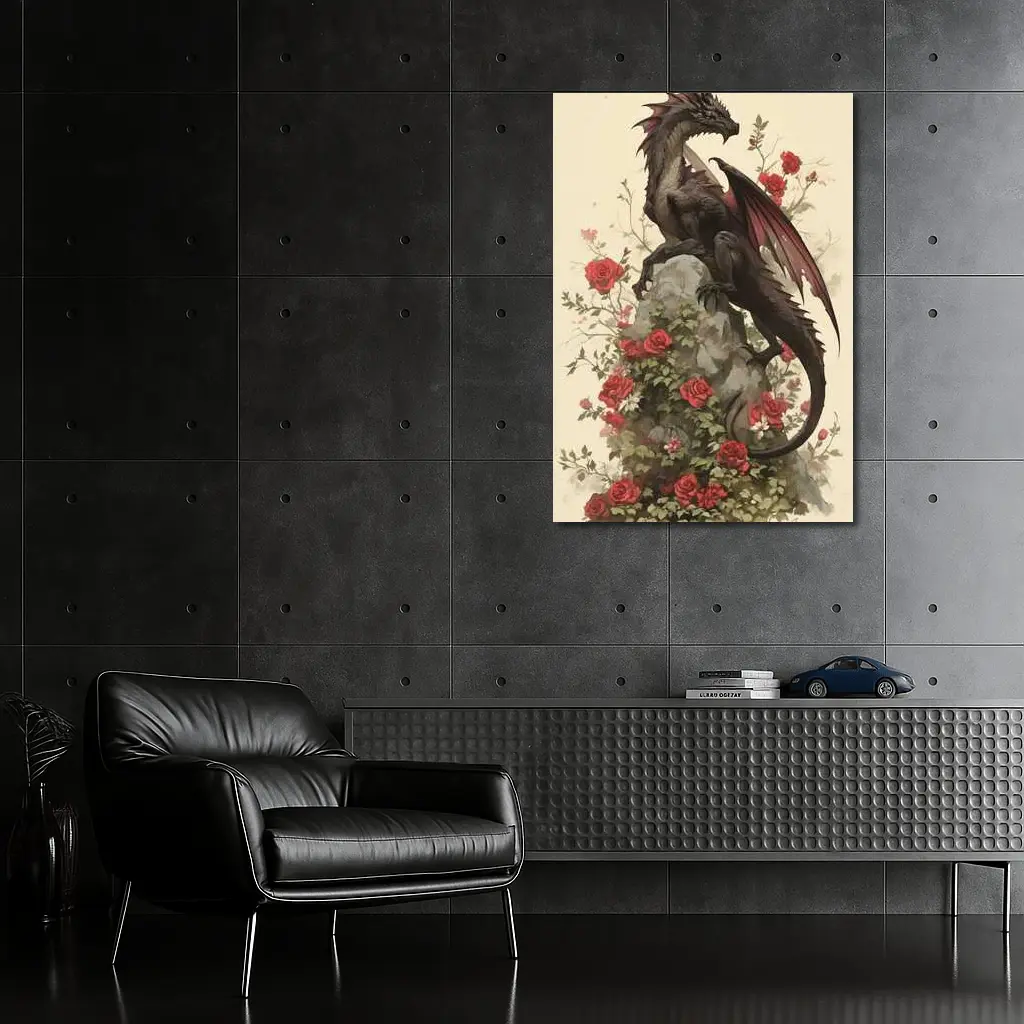 Dark Dragon Perched on Rose Covered Rock – Wall Art