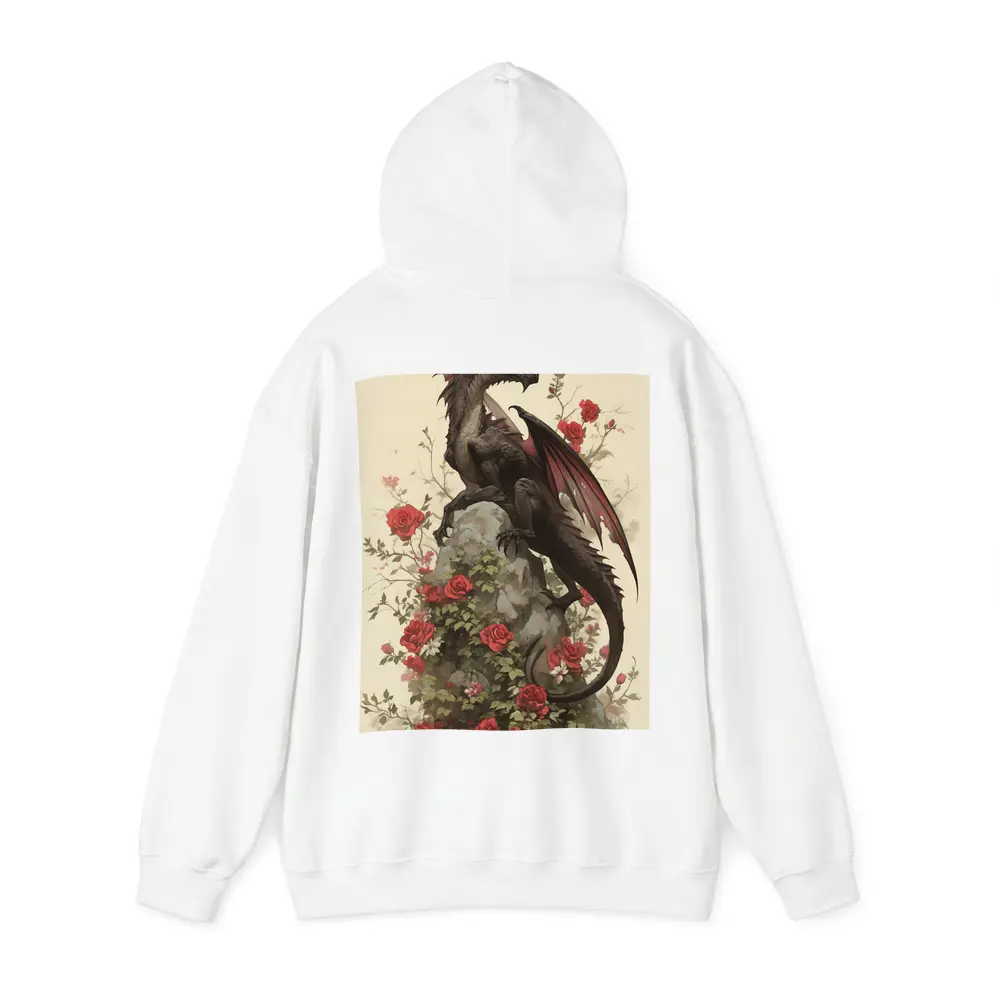 Dark Dragon Perched on Rose Covered Rock – Hoodies