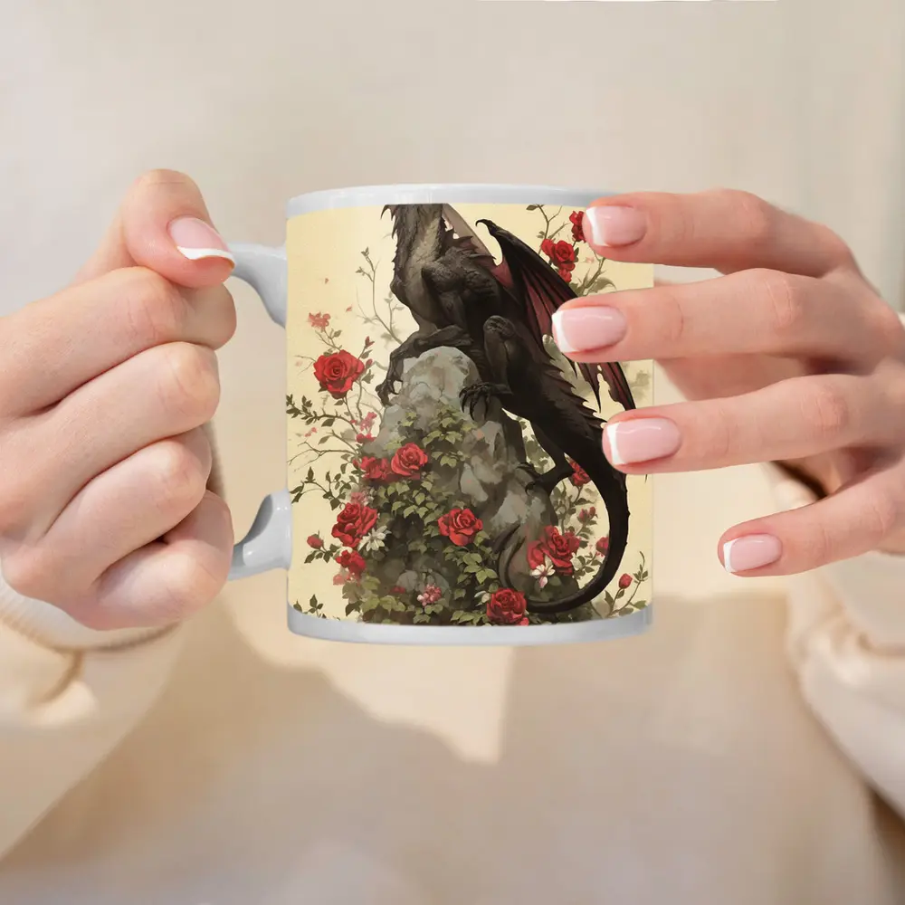 Dark Dragon Perched on Rose Covered Rock – Mugs