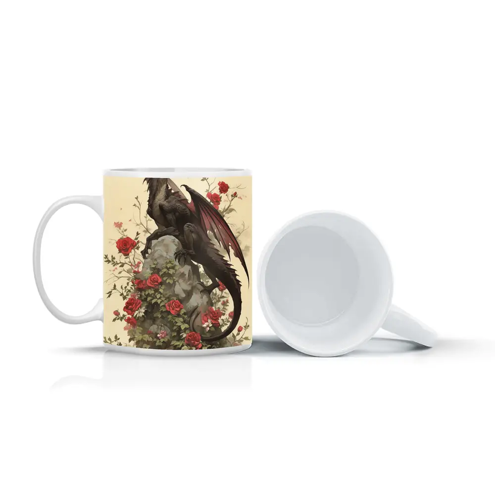 Dark Dragon Perched on Rose Covered Rock – Mugs