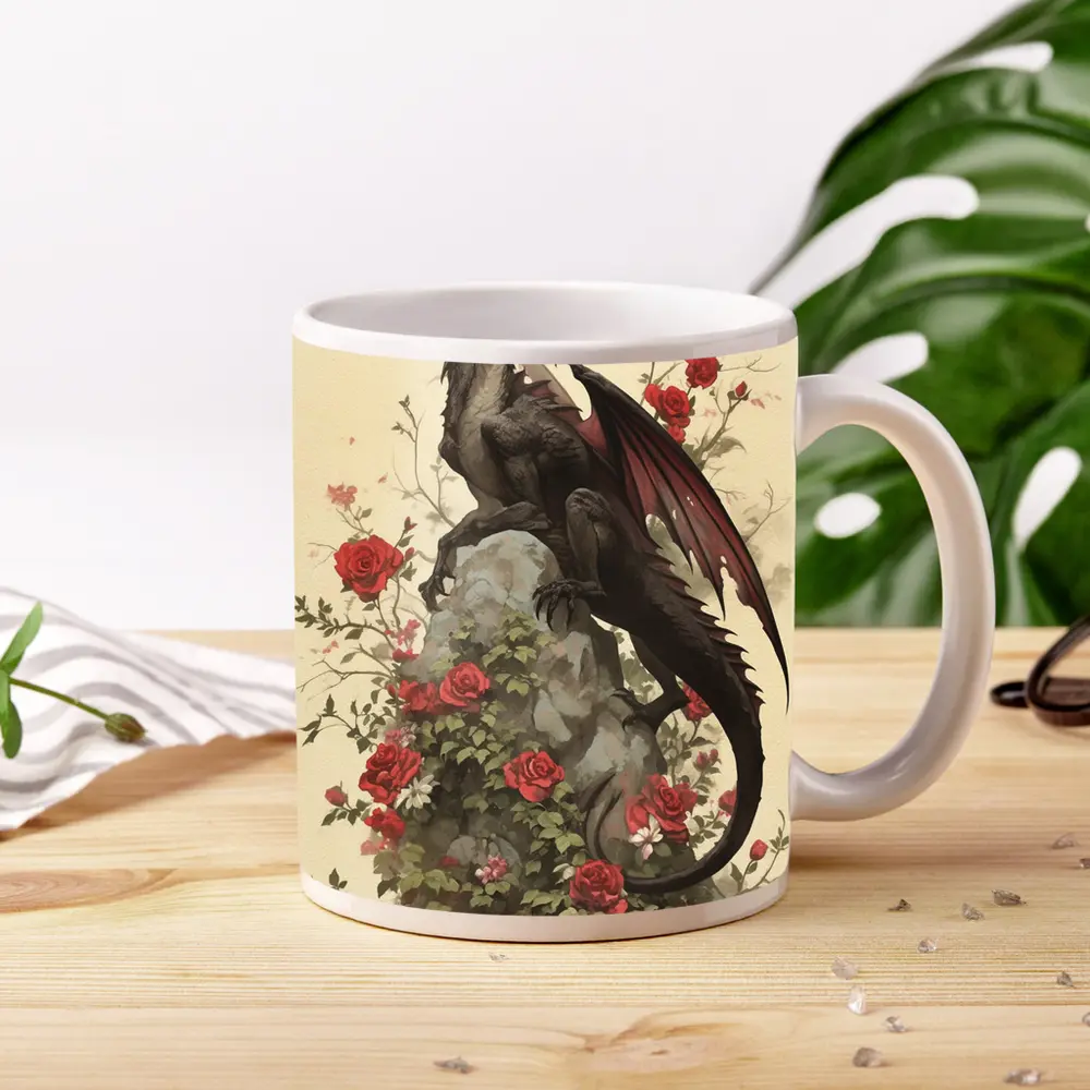 Dark Dragon Perched on Rose Covered Rock – Mugs