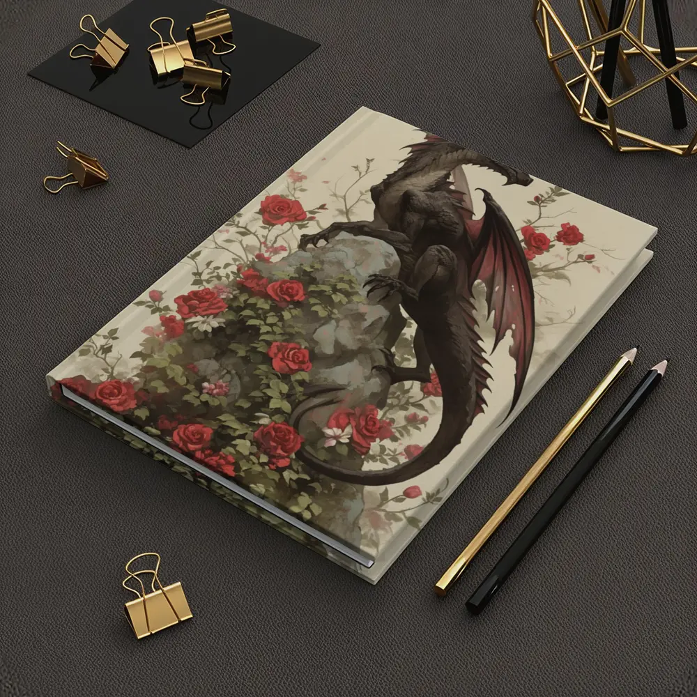Dark Dragon Perched on Rose Covered Rock – Notebooks