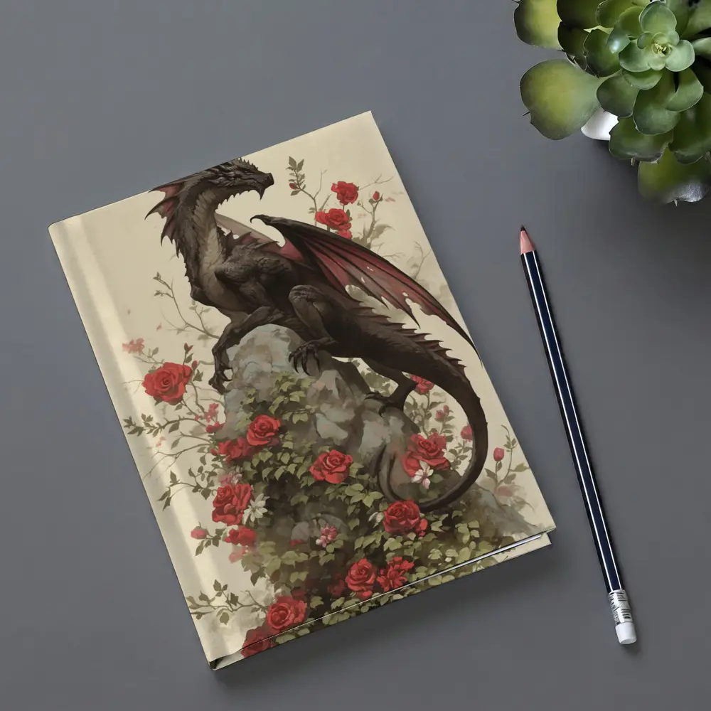 Dark Dragon Perched on Rose Covered Rock – Notebooks
