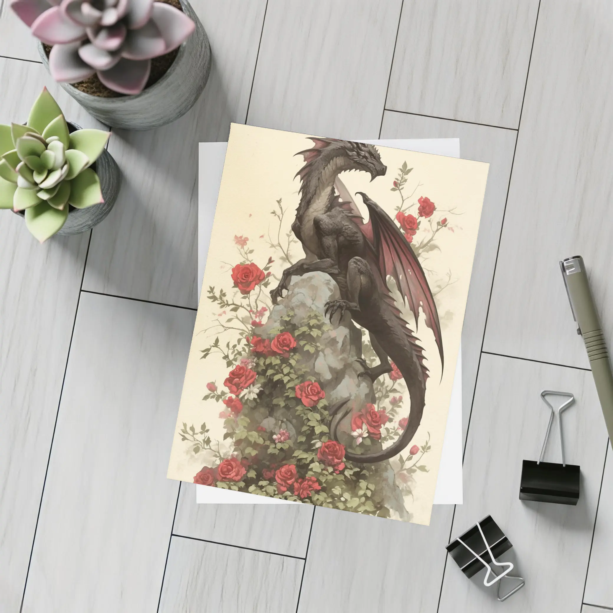 Dark Dragon Perched on Rose Covered Rock – Postcards