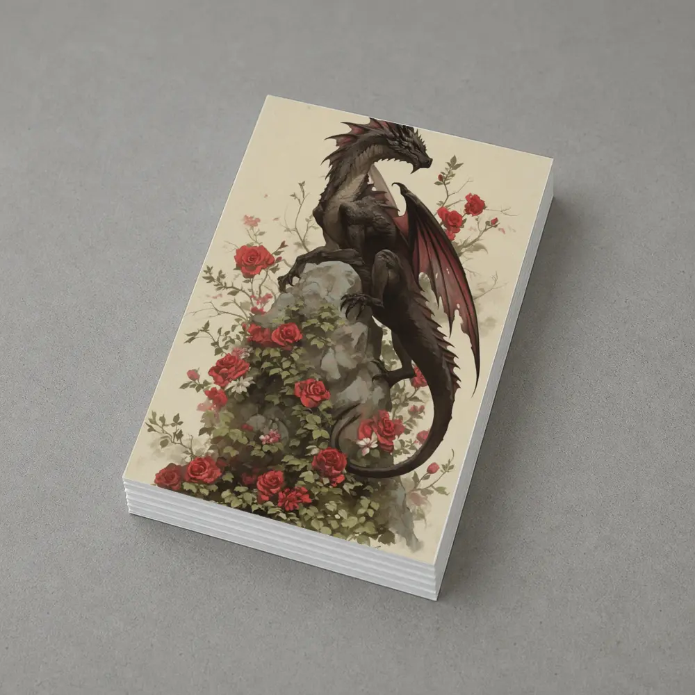 Dark Dragon Perched on Rose Covered Rock – Postcards
