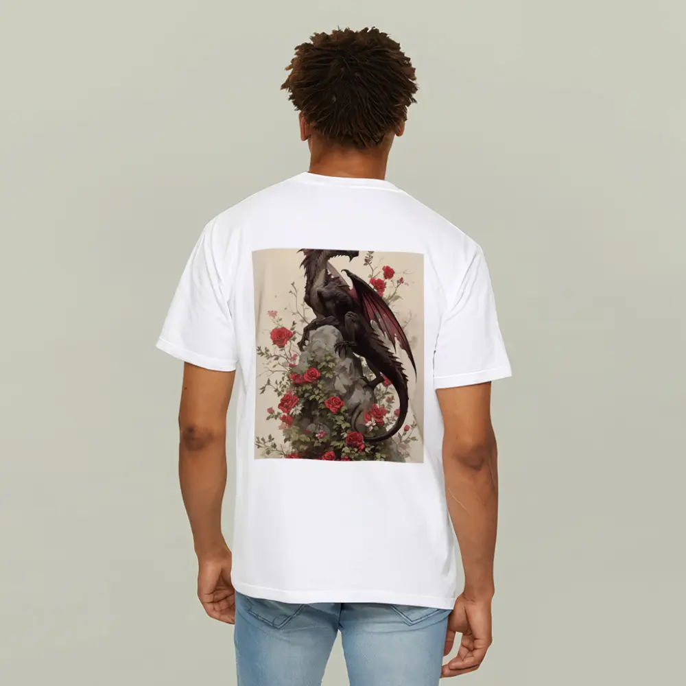 Dark Dragon Perched on Rose Covered Rock – T-Shirts