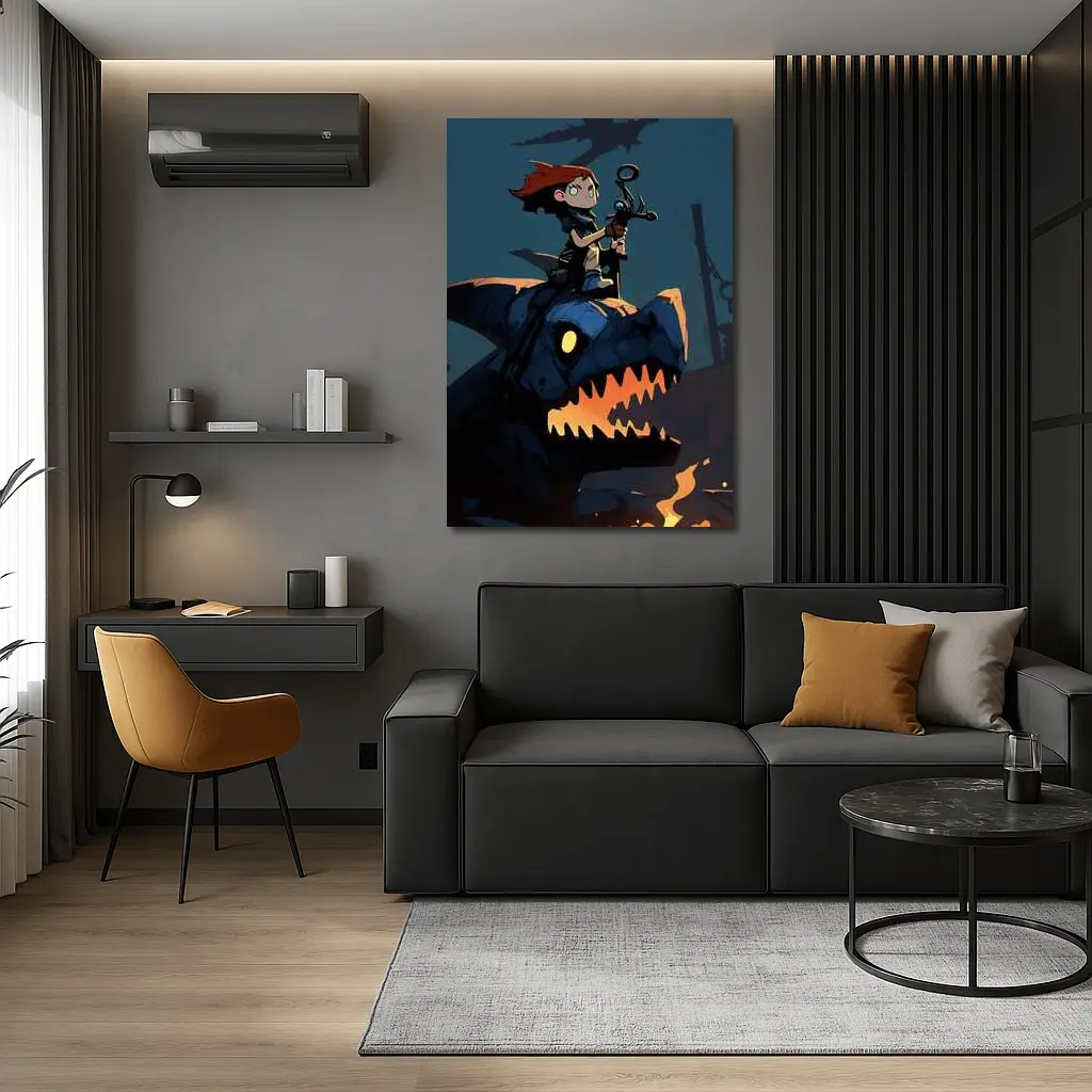 Boy Riding Mechanical Dragon Dark Night – Wall Art