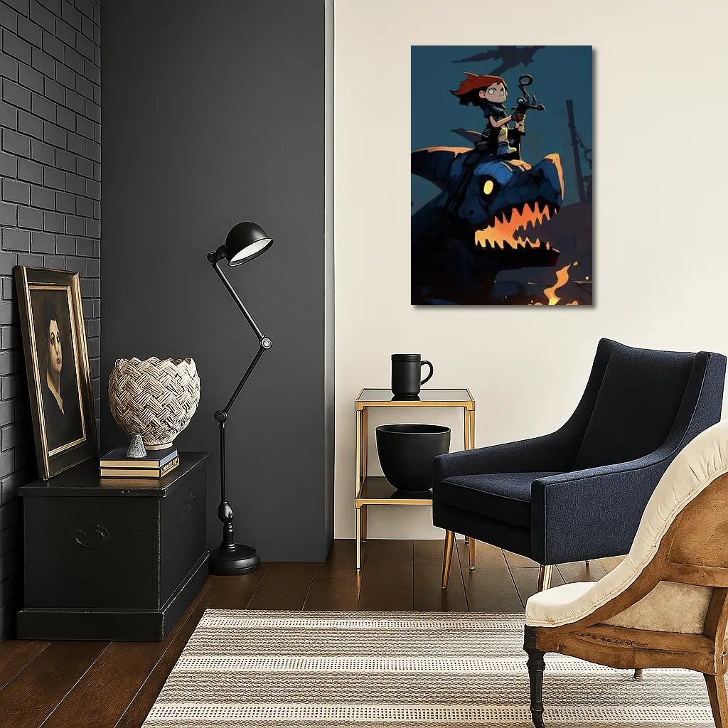 Boy Riding Mechanical Dragon Dark Night – Wall Art