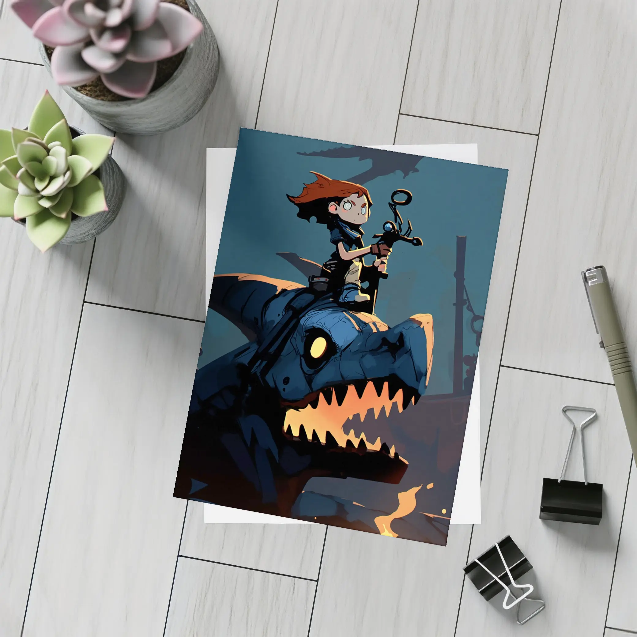 Boy Riding Mechanical Dragon Dark Night – Postcards