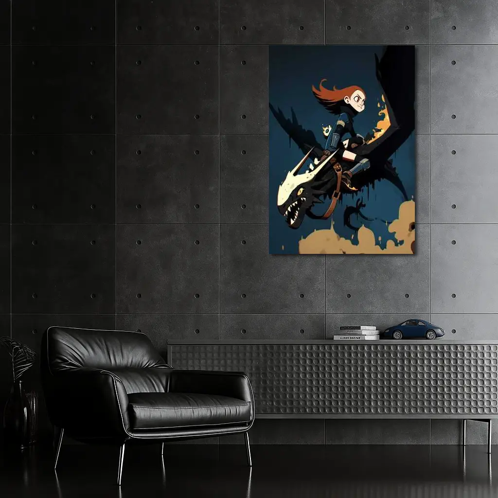 Anime Girl Riding Dragon Dark Fantasy Art – Wall Art