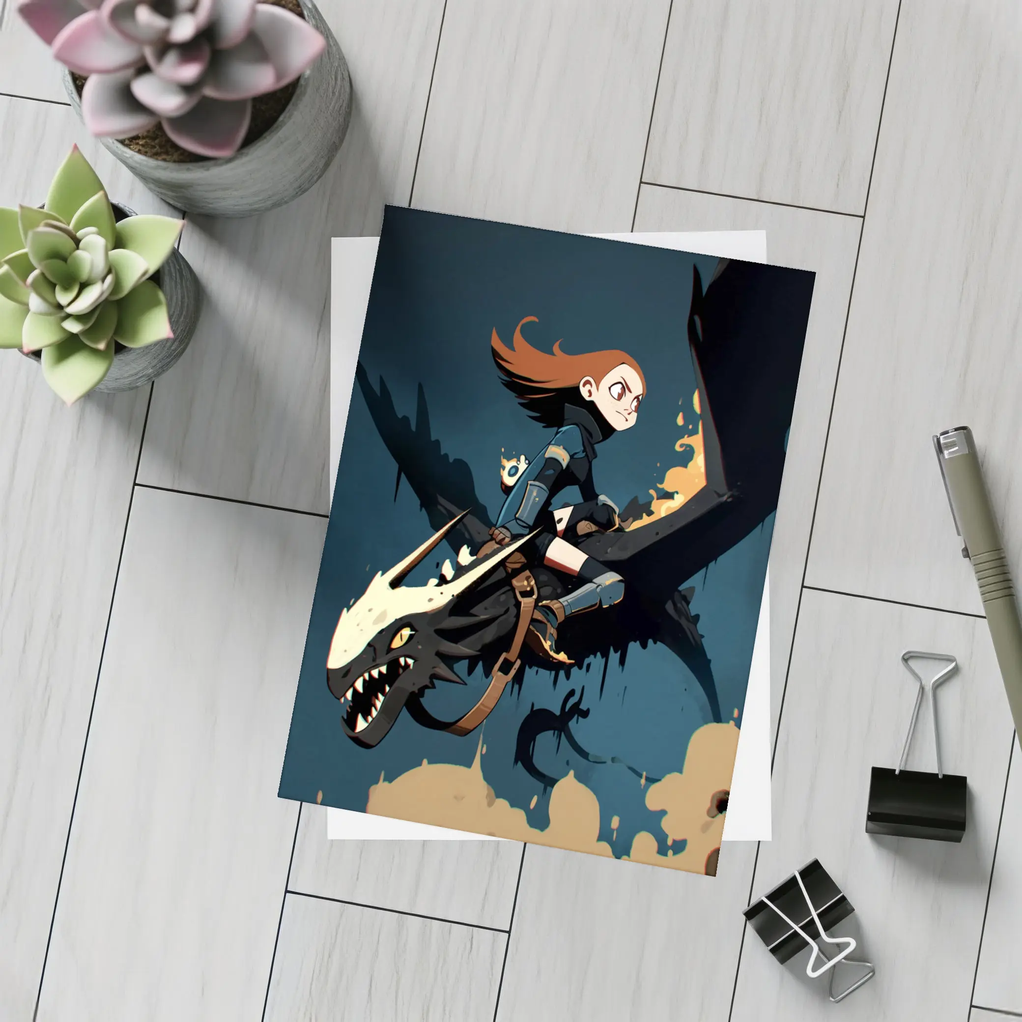 Anime Girl Riding Dragon Dark Fantasy Art – Postcards